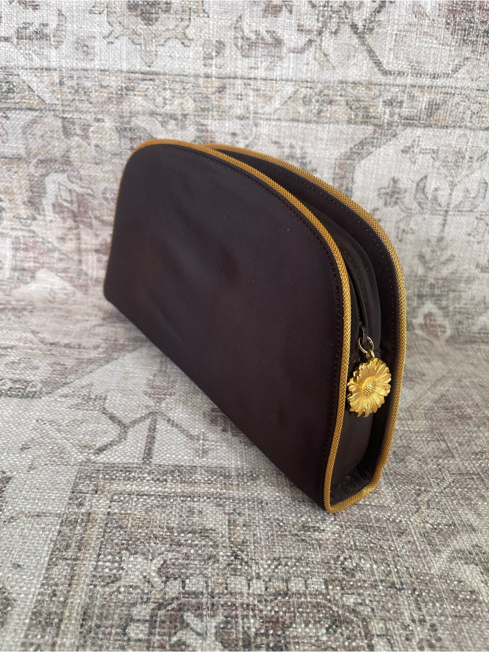 Escada Brown Vintage Envelop Pouch with Gold Daisy Pull
